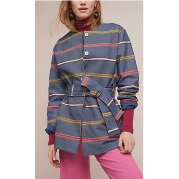 Dolan Left Coast Jackets & Blazers - Anthropologie Dolan Left Coast Collection Coat M Striped Blue Cotton Blend Belt